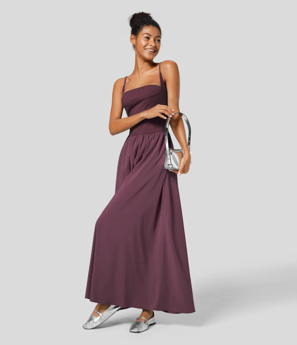 Breezeful Backless Side Pocket Plicated Flowy Flare Maxi Quick Dry Casual Slip Dress