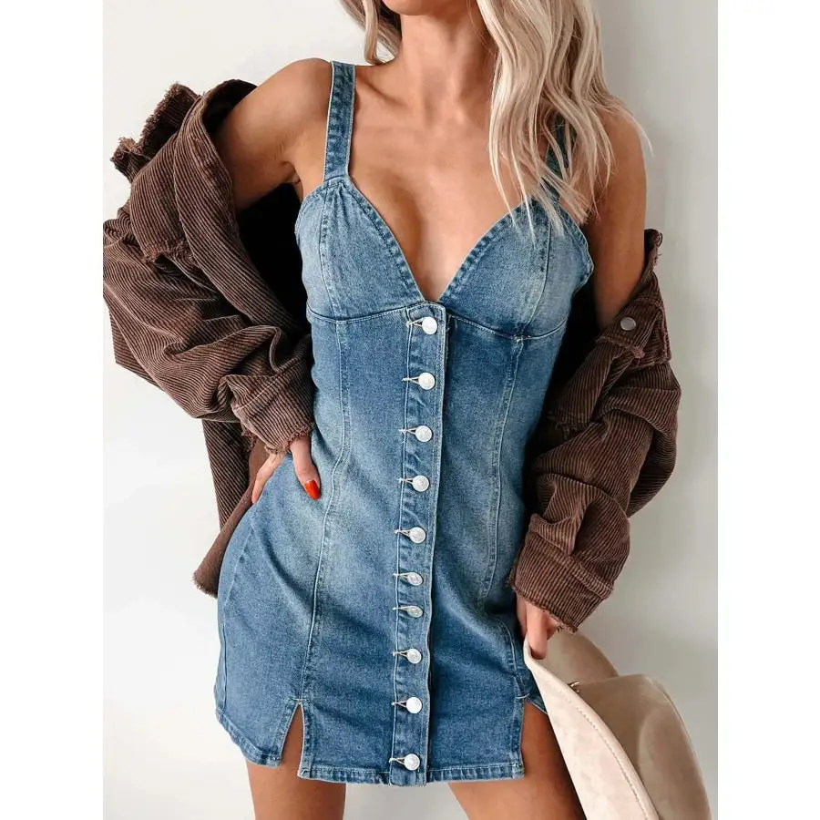 Button Front Sweetheart Neck Mini Dress
