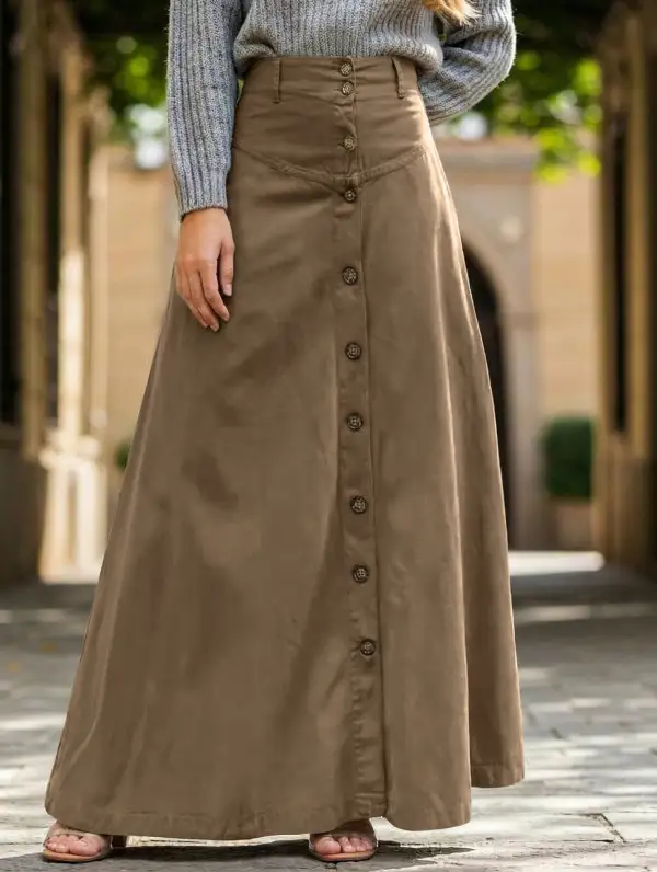 Button Front Slit A-Line Midi Skirt