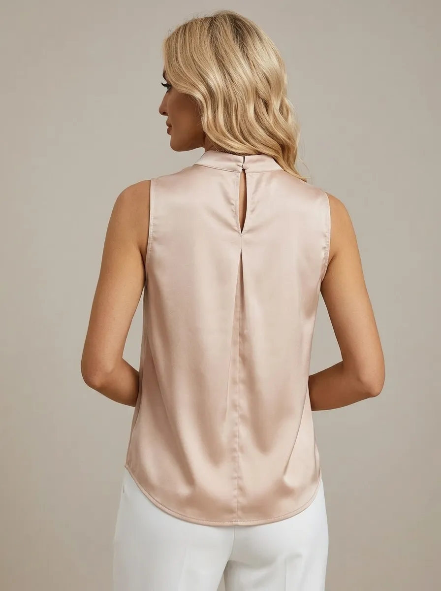 Satin Pleated Mock Neck Sleeveless Top