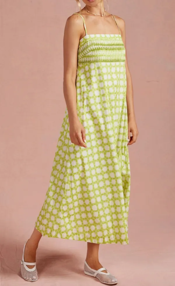 Chartreuse Chain Link Pintuck Midi Dress