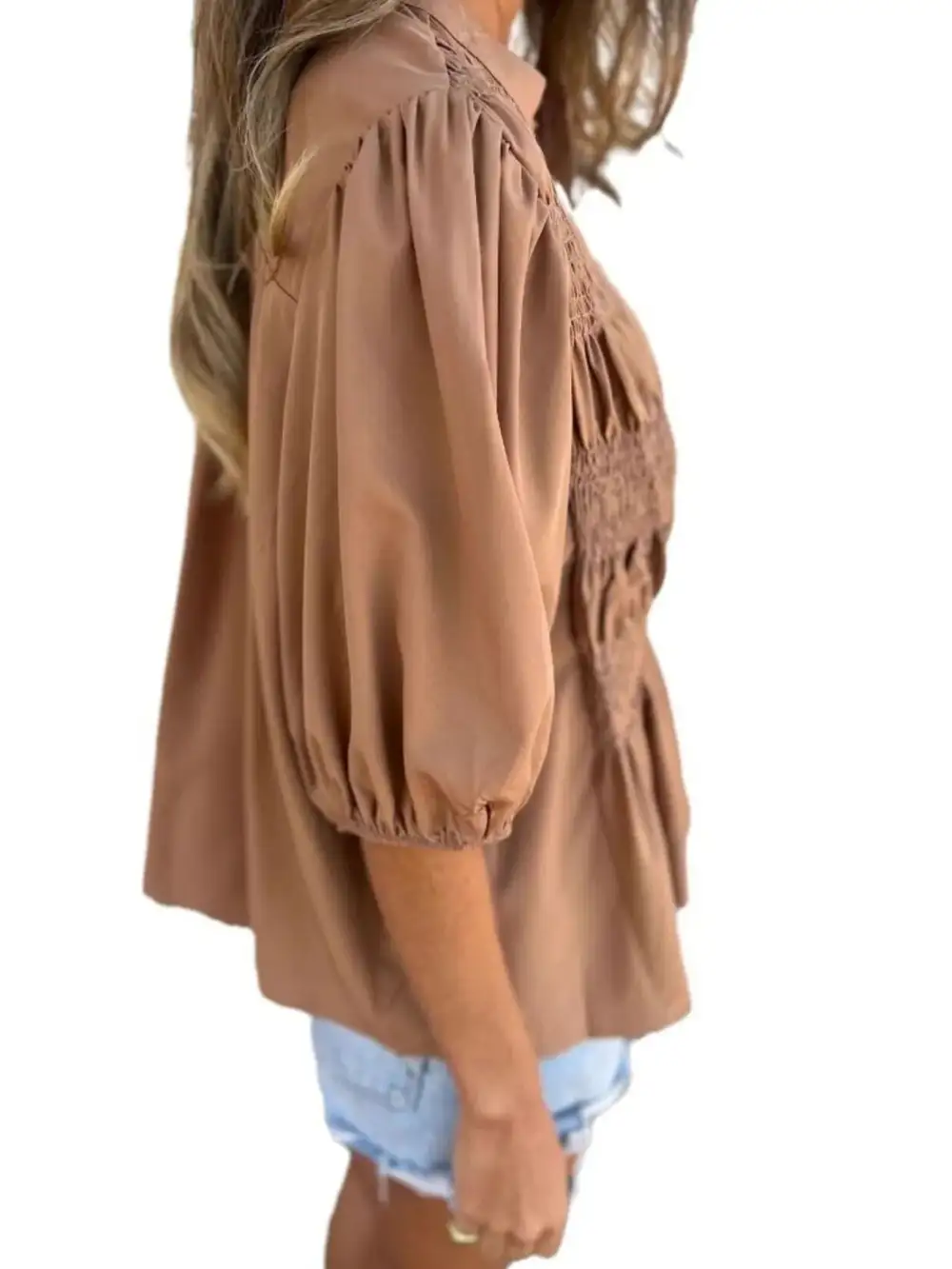 Smocked Puff-Sleeve Buttoned Blouse