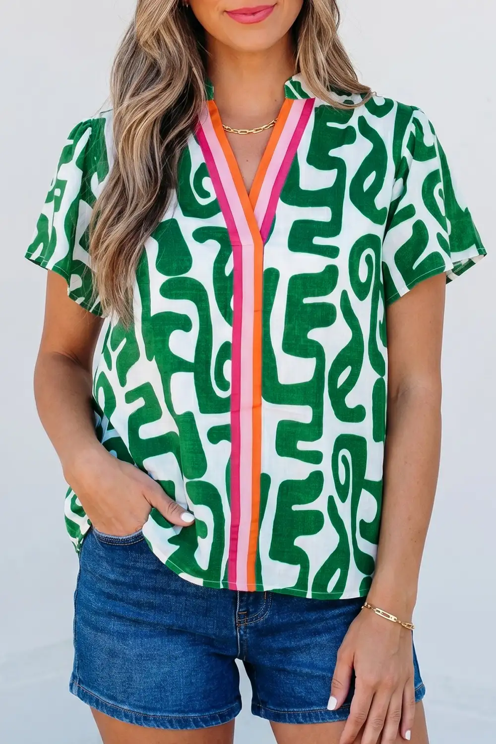 Women's Striped Abstract Print V Neck Top