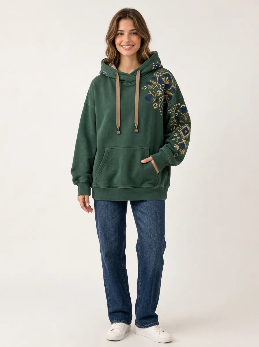 Casual Women's Floral Boho Embroidered Graphic Hoodie