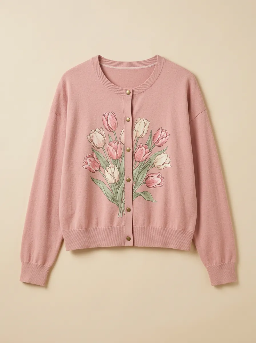 Women's Crew-Neck Graphic Floral-Motif Cardigan