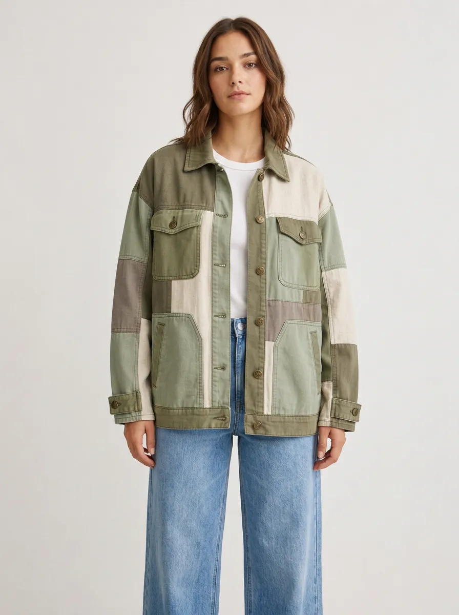 Women's Casual Style Olive Patchwork Colorblock Printed Jacket