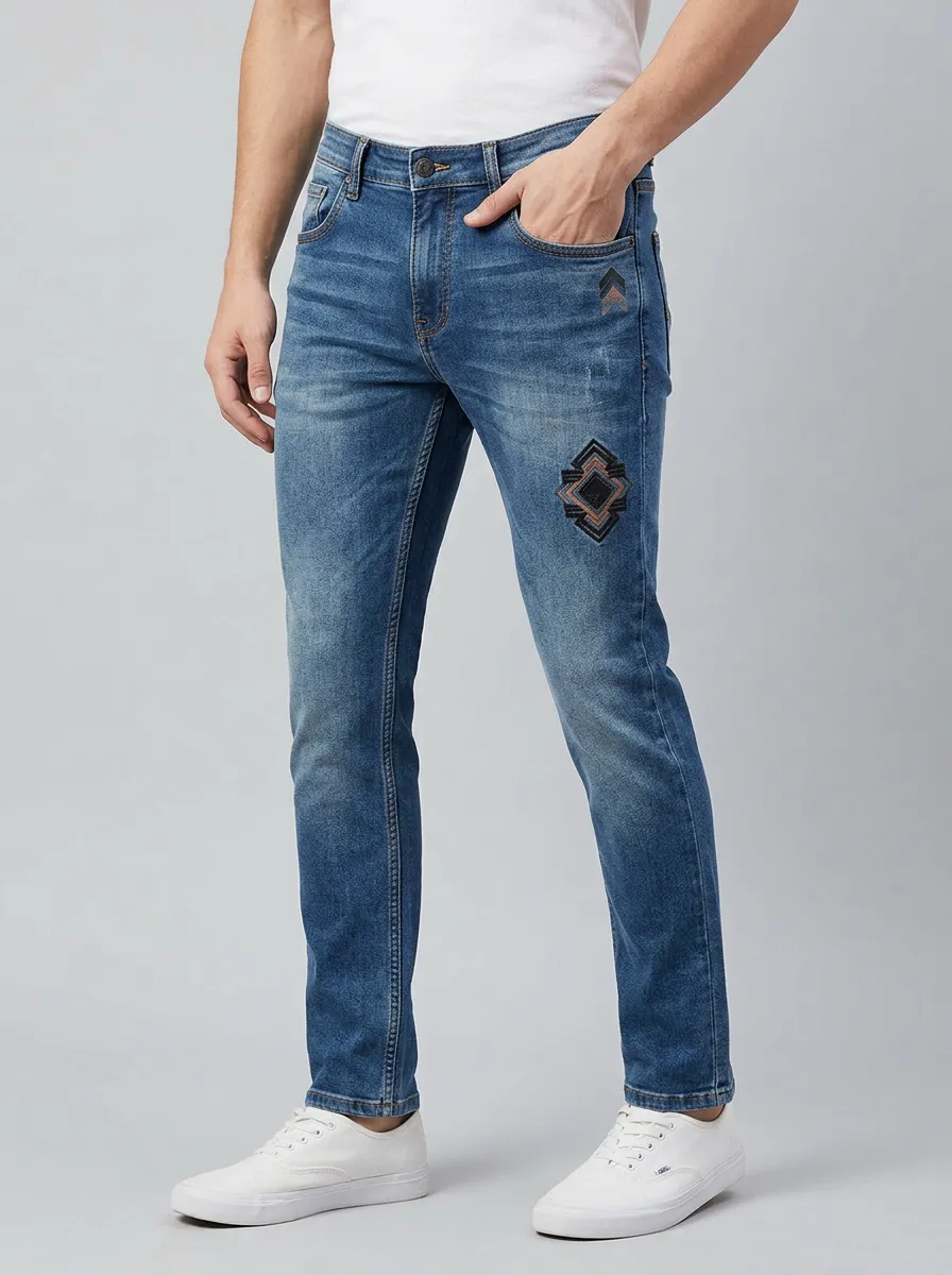Men's Geometric Pattern Embroidered Printed Slim-Fit Jeans