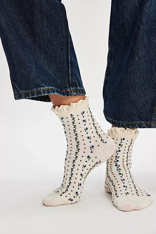Floral Waffle Knit Socks White