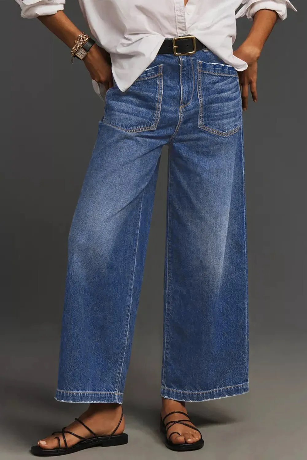 High Waist Patch Pocket Casual Jeans