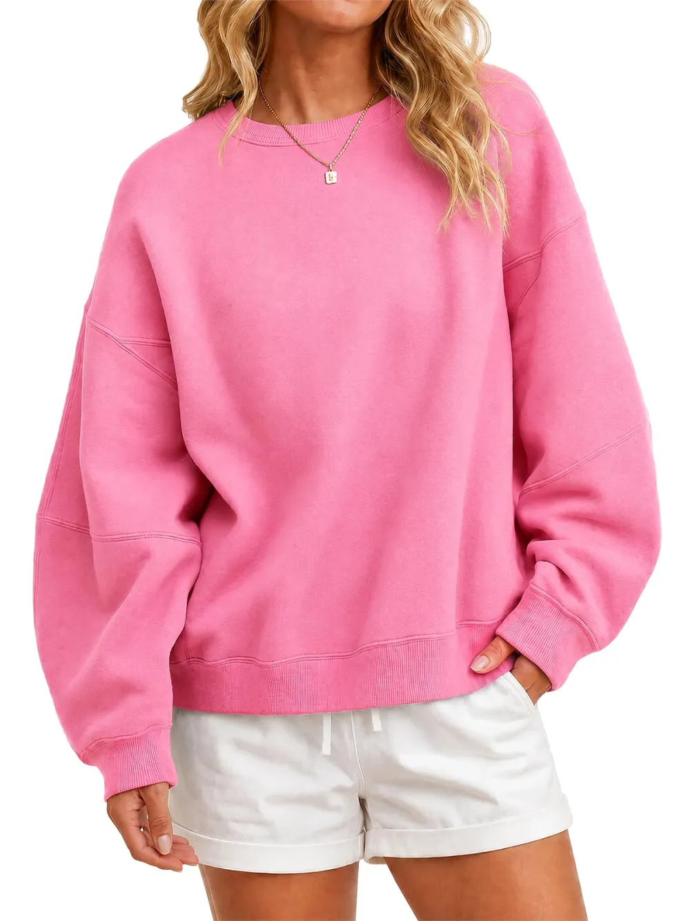 Women's Crewneck Fleece Pullover Tops In Pink