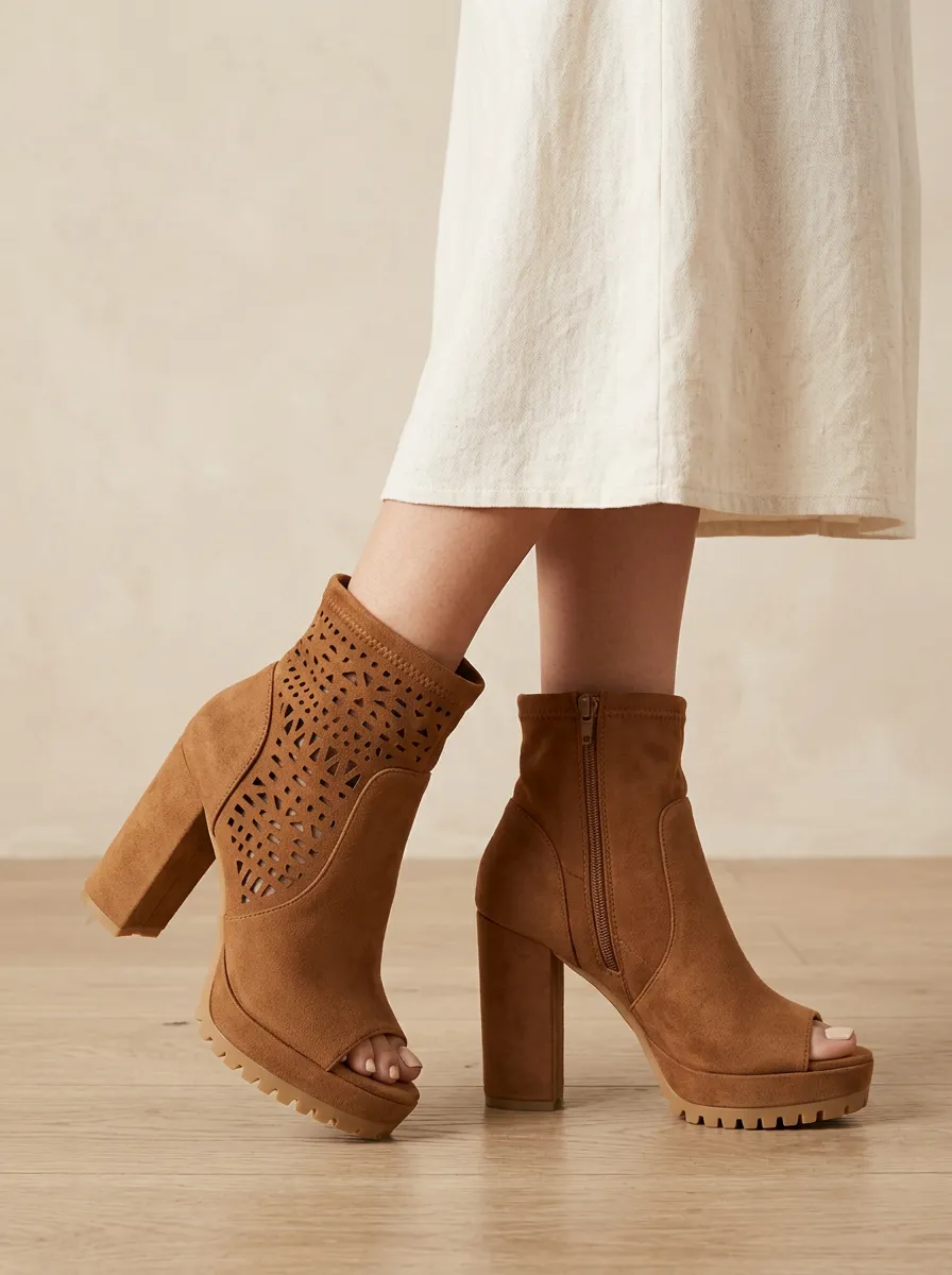 Laser-Cut Suede-Look Women's Peep-Toe Ankle Boots
