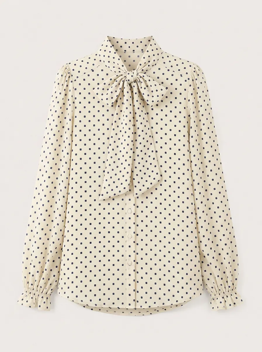 Women's Vintage Polka Dot Bow Tie Printed Blouse with Ruffle Trim