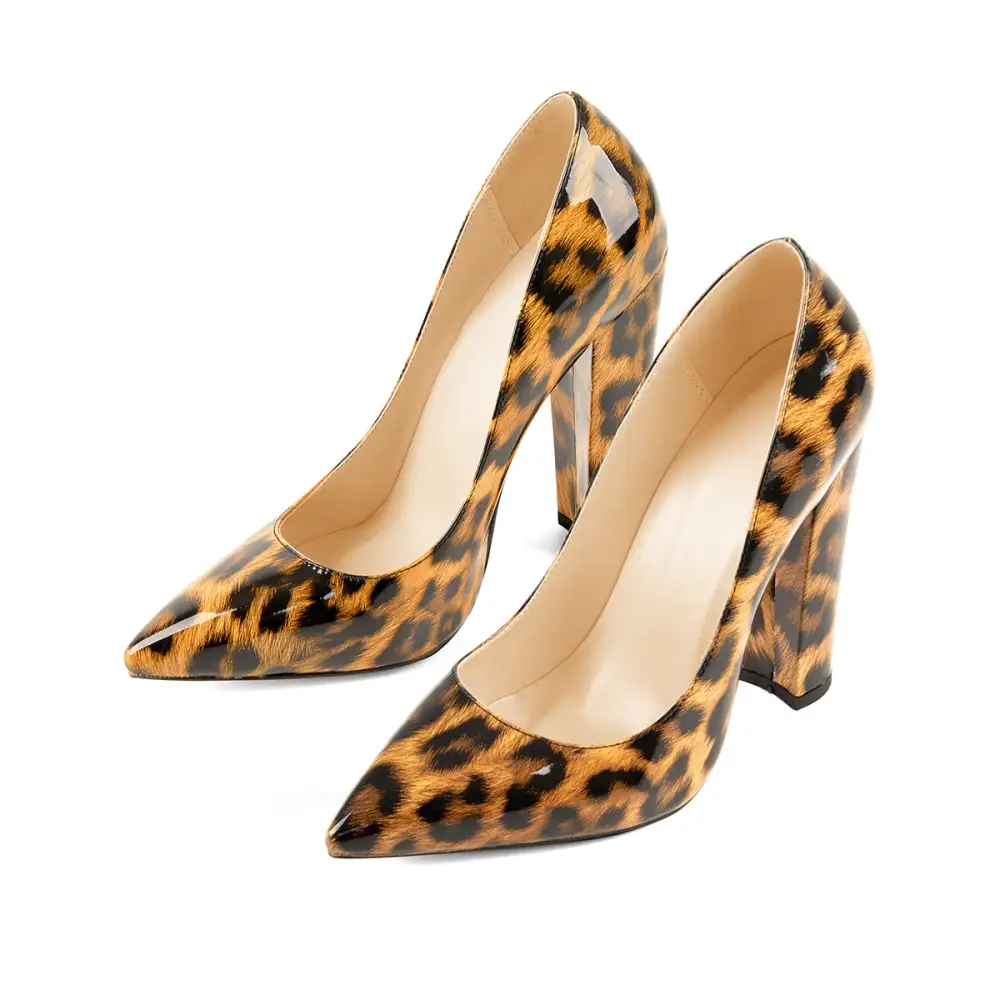 Leopard Pattern Pointed Toe Chunky Heel Pumps