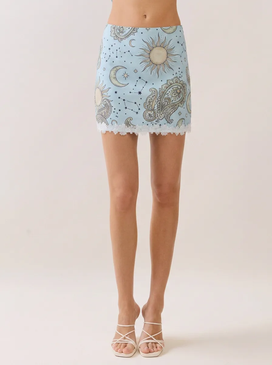 Women's Celestial Boho Sun Moon Paisley Printed Lace Trim Mini Skirt