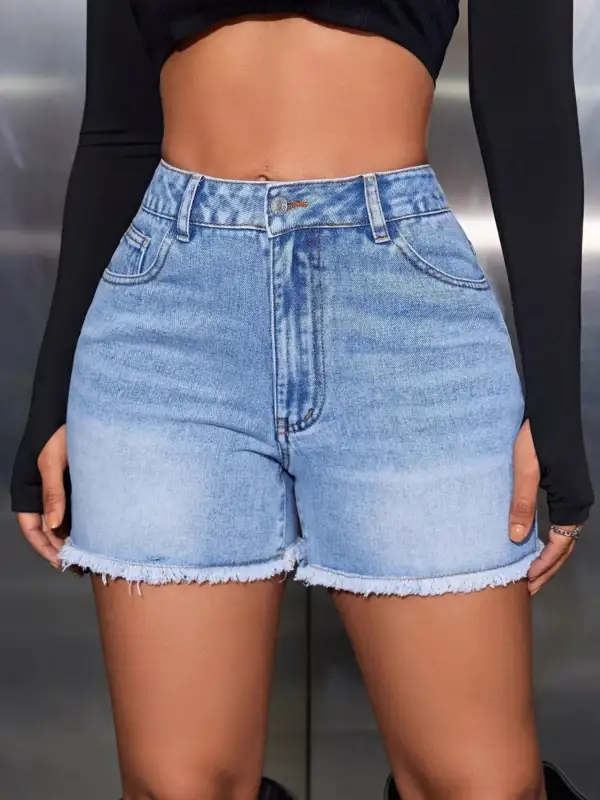 Refined High-Waist Raw-Hem Frayed Pocketed Denim Shorts