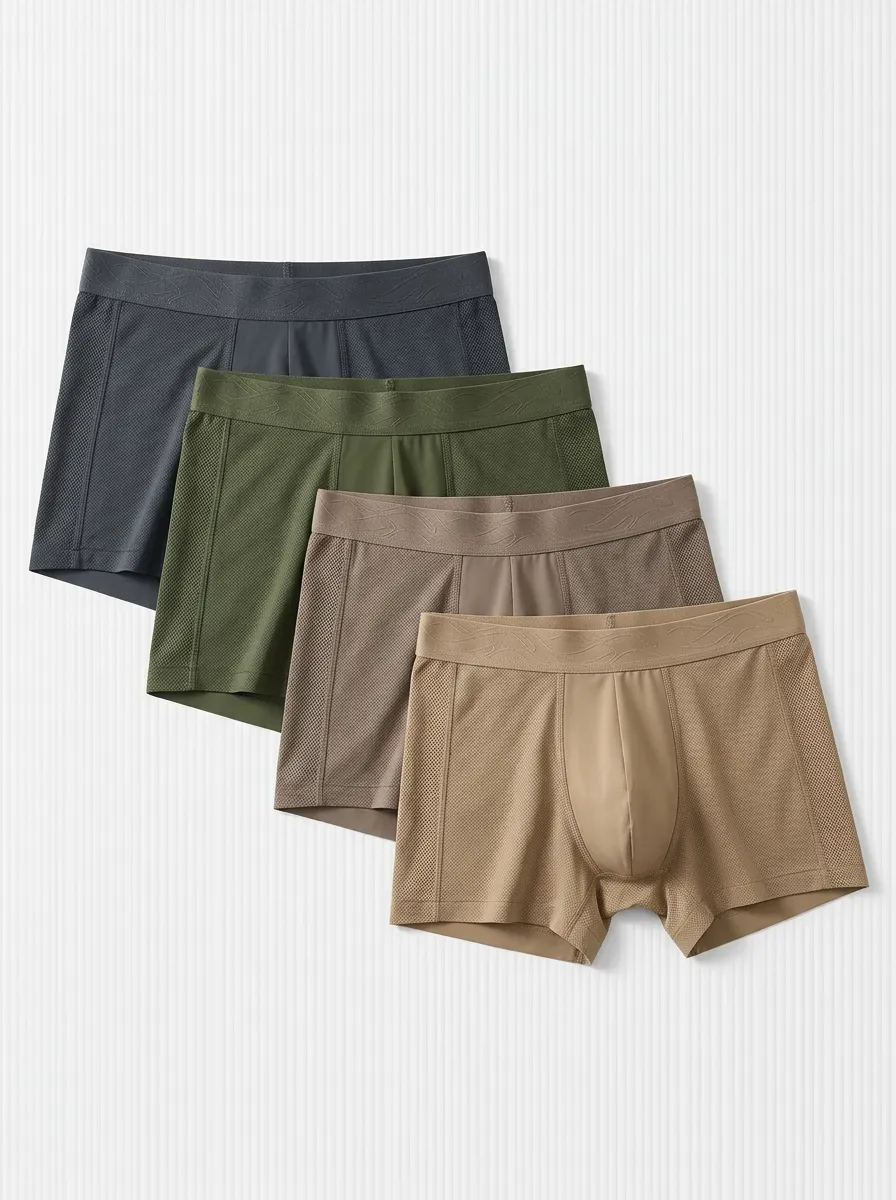 Mesh Panel Mesh Cotton Breathable-Look Men's Boxer Briefs Four-Pack