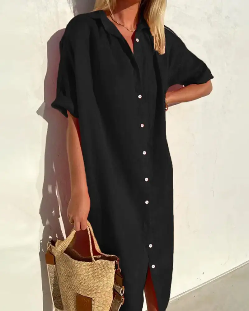 Women's Shirt Short-Sleeve Button-Detail Summer Dress