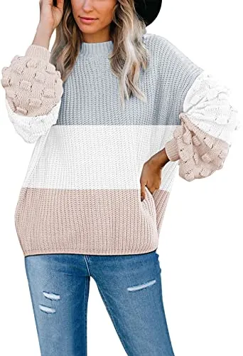 Women's Cute Oversized Crewneck Loose Puff Sleeves Chunky Knit Pullover Sweater