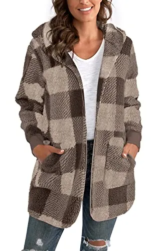 Womens Fuzzy Fleece Open Front Hooded Cardigan Jackets Sherpa Coat with Pockets