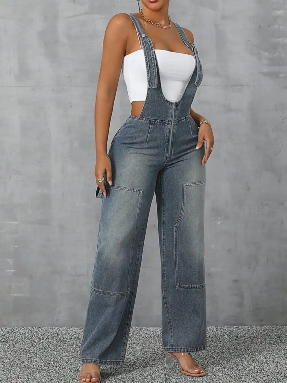 Zip Front Wide Strap Denim Overall Accessory