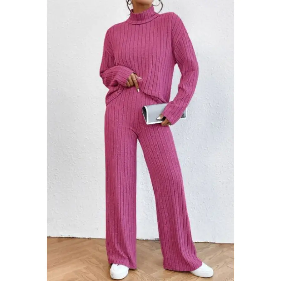 Mock Neck Dropped Shoulder Top and Pants Set