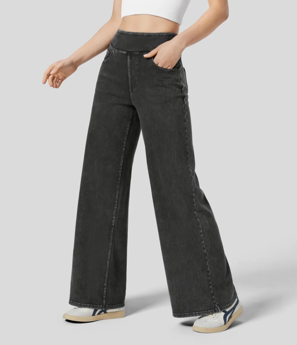 Magic High Waisted Multiple Pockets Wide Leg Stretchy Knit Casual Thermal Jeans