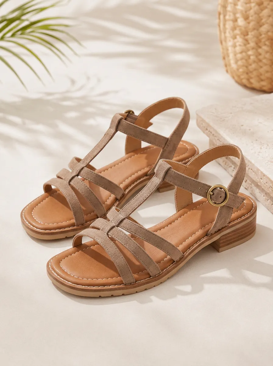 Women's Casual Brown Suede T-Strap Buckle Flat Sandals
