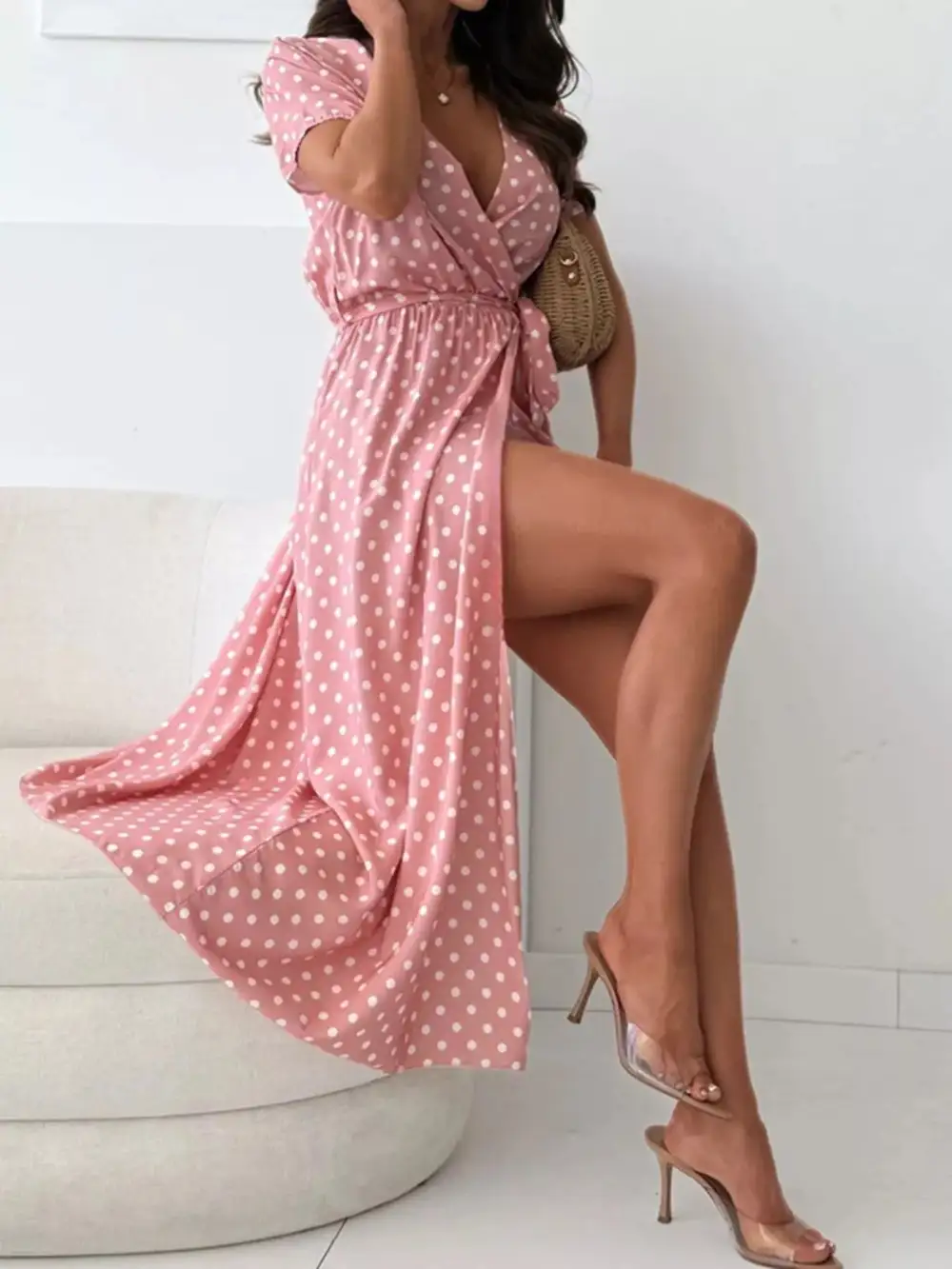 Polka Dot Surplice Maxi Dress With Slit