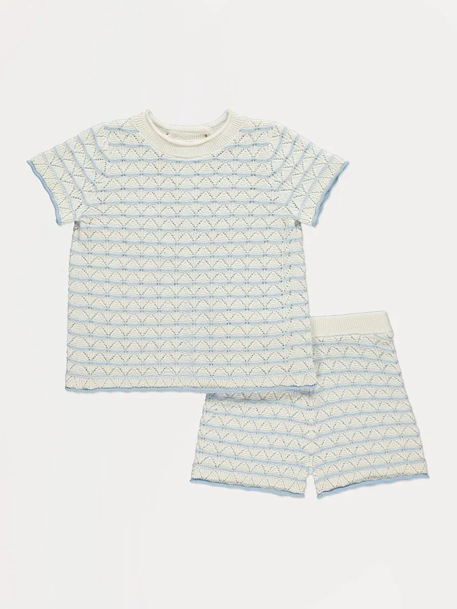 Cream Striped Knitted Top and Shorts Outfit