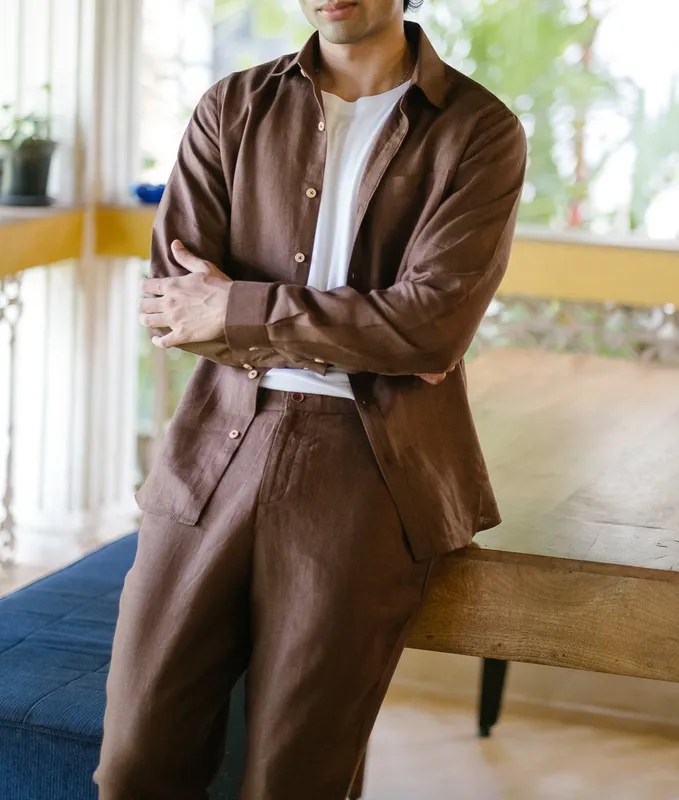 Brown Linen Button-Up Shirt