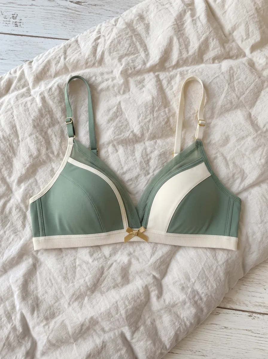 Women's Sage Green Cream Colorblock Bowknot Printed Bra