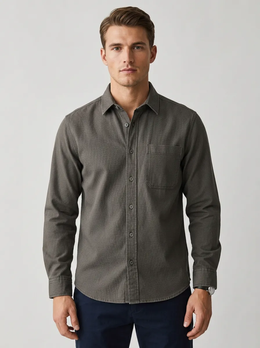 Men's Casual Breathable Textured Grey Button-Down Shirt