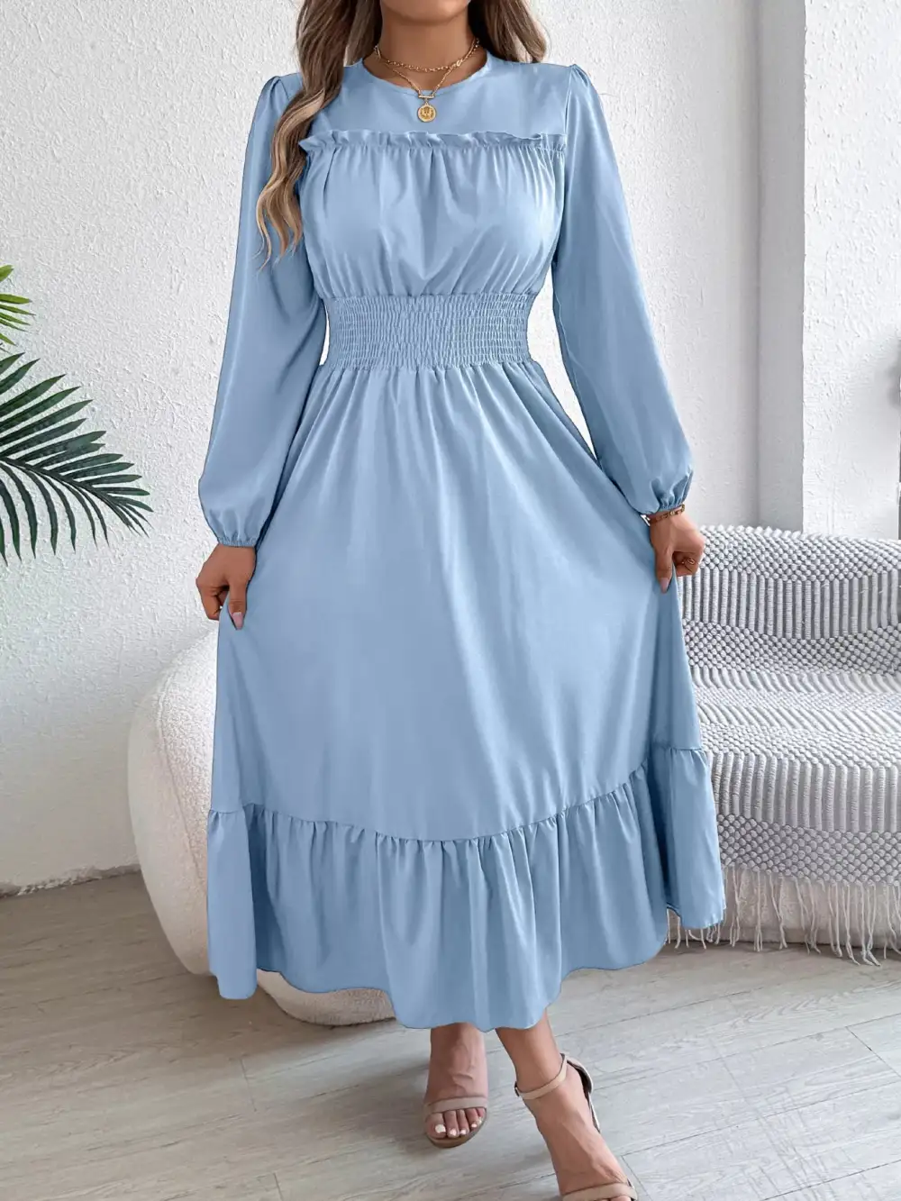 Round Neck Tiered Dress Casual
