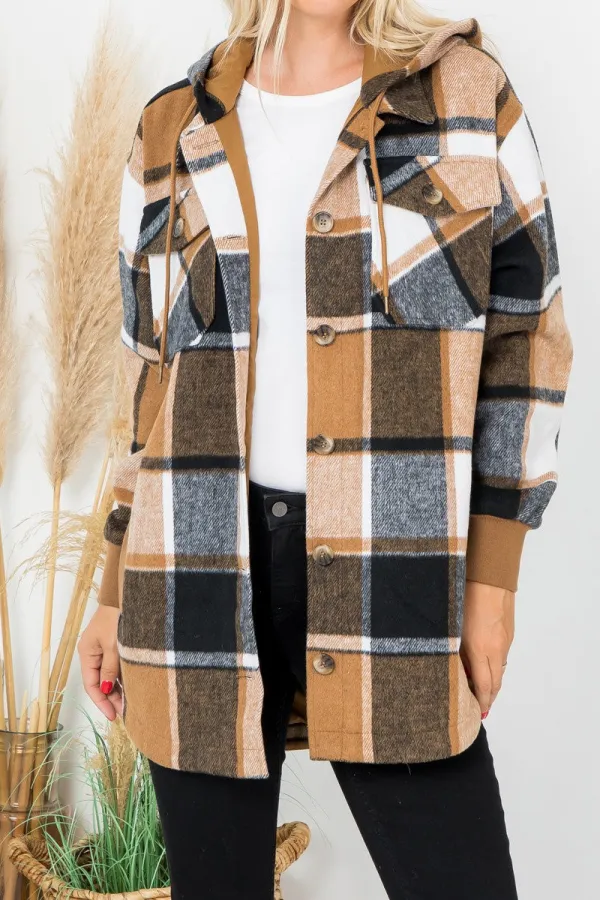 Plaid Print Wool Like Hoodie Shacket