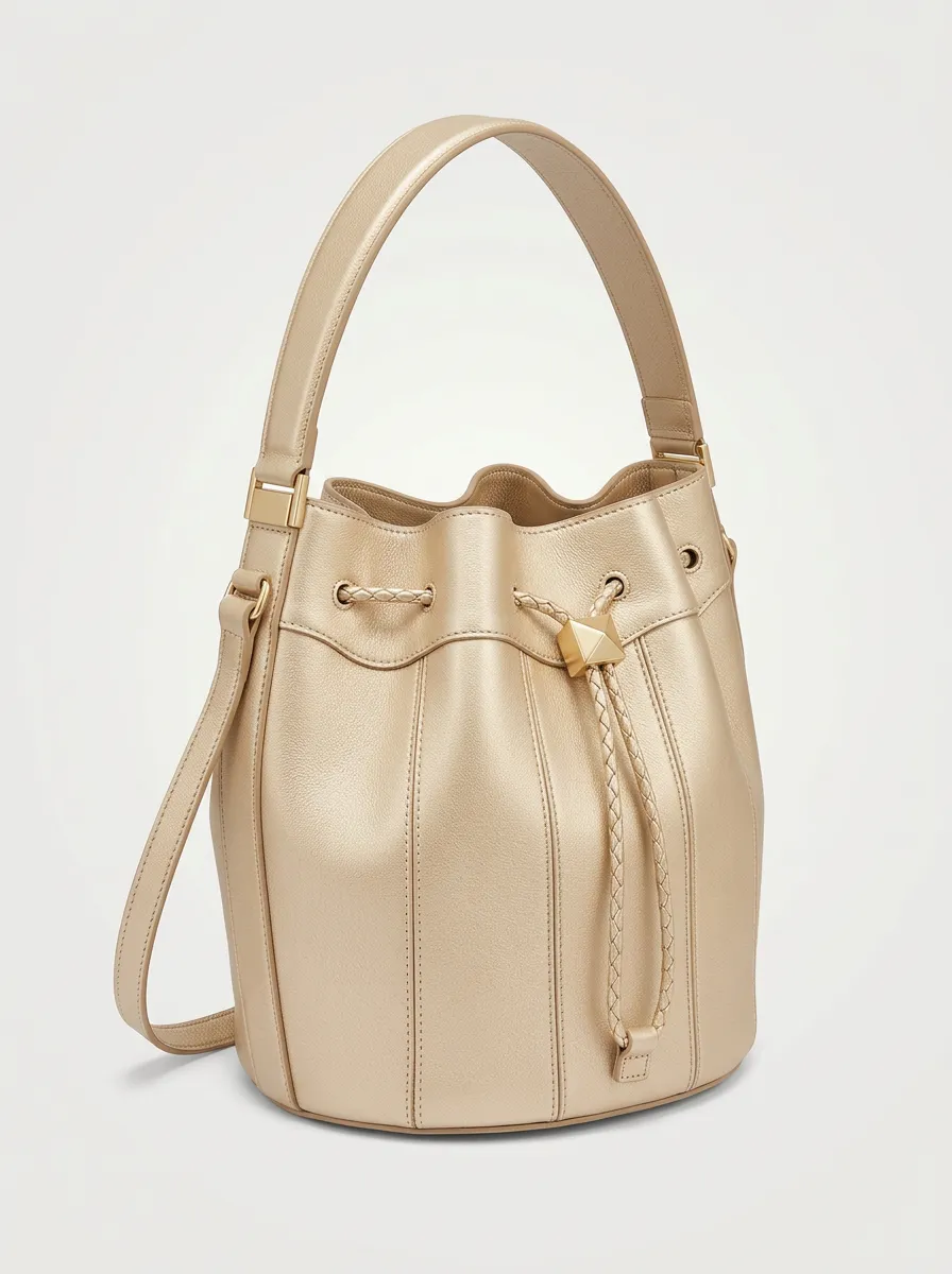 Women's Streamlined Metallic Gold Finish Gold Tone Bucket Handbag