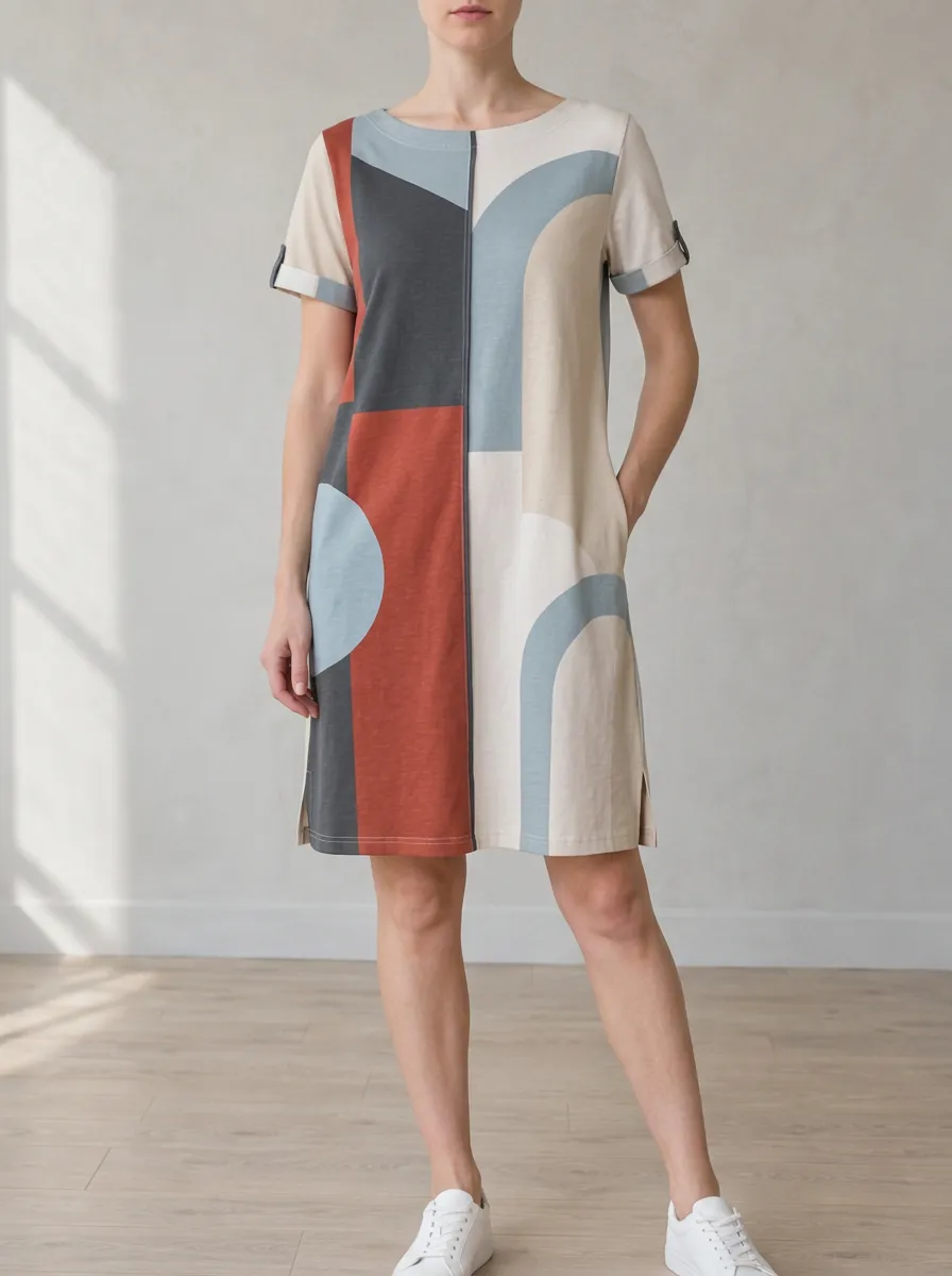 Women's Round Neck Geometric Print Shift Dress