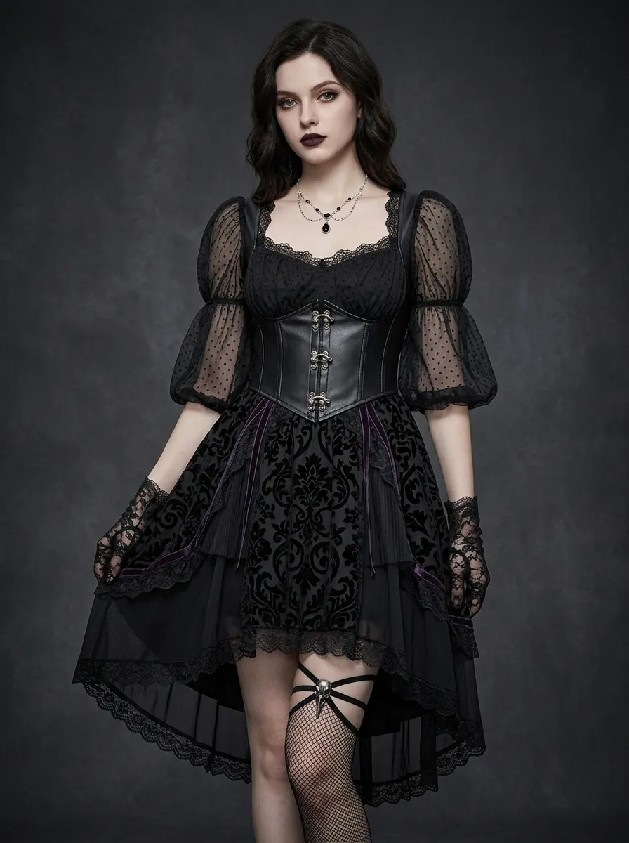 Women's Gothic Victorian Damask Corset Lace Printed Mini Dress