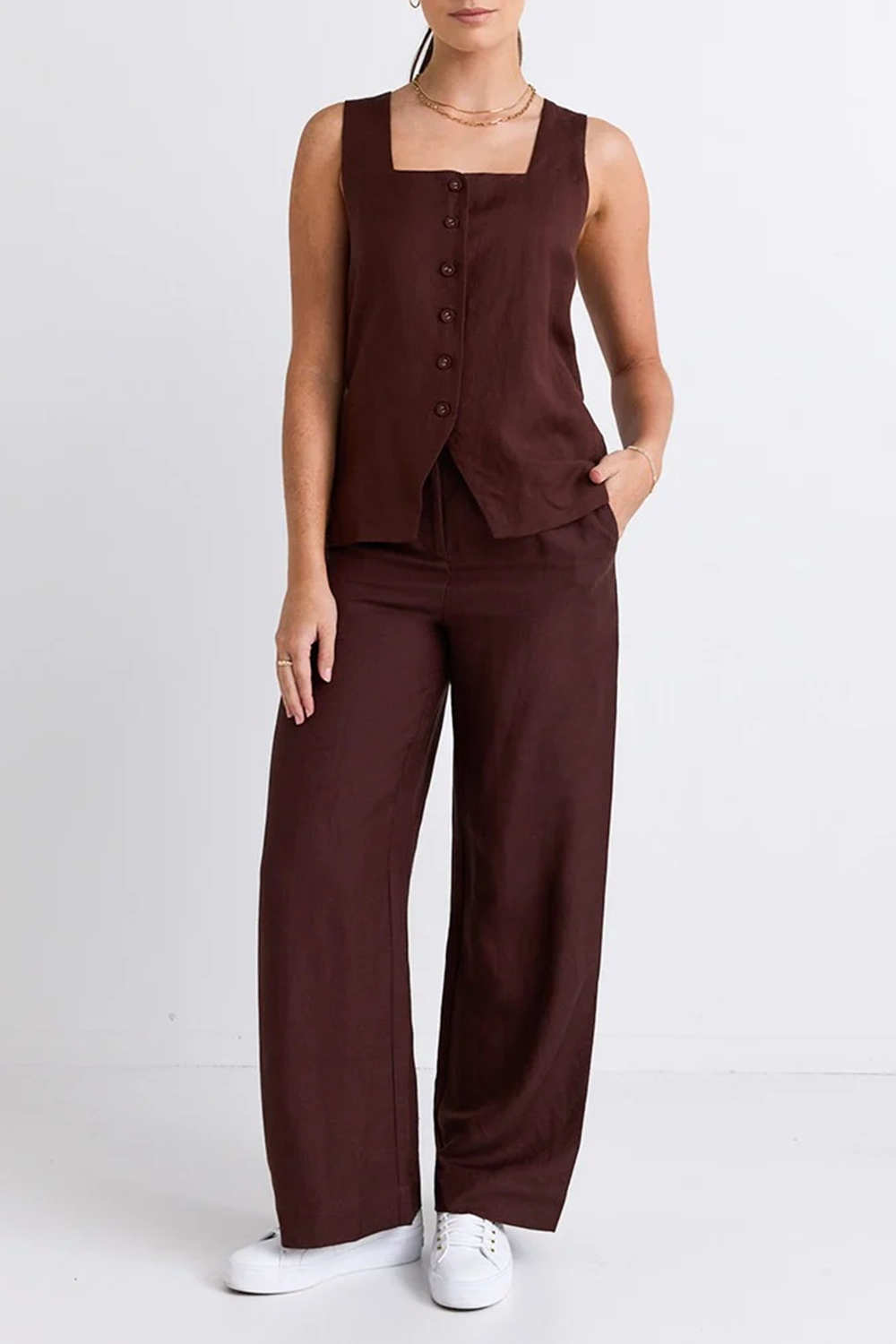 Brown Button - Front Wide - Leg Trousers
