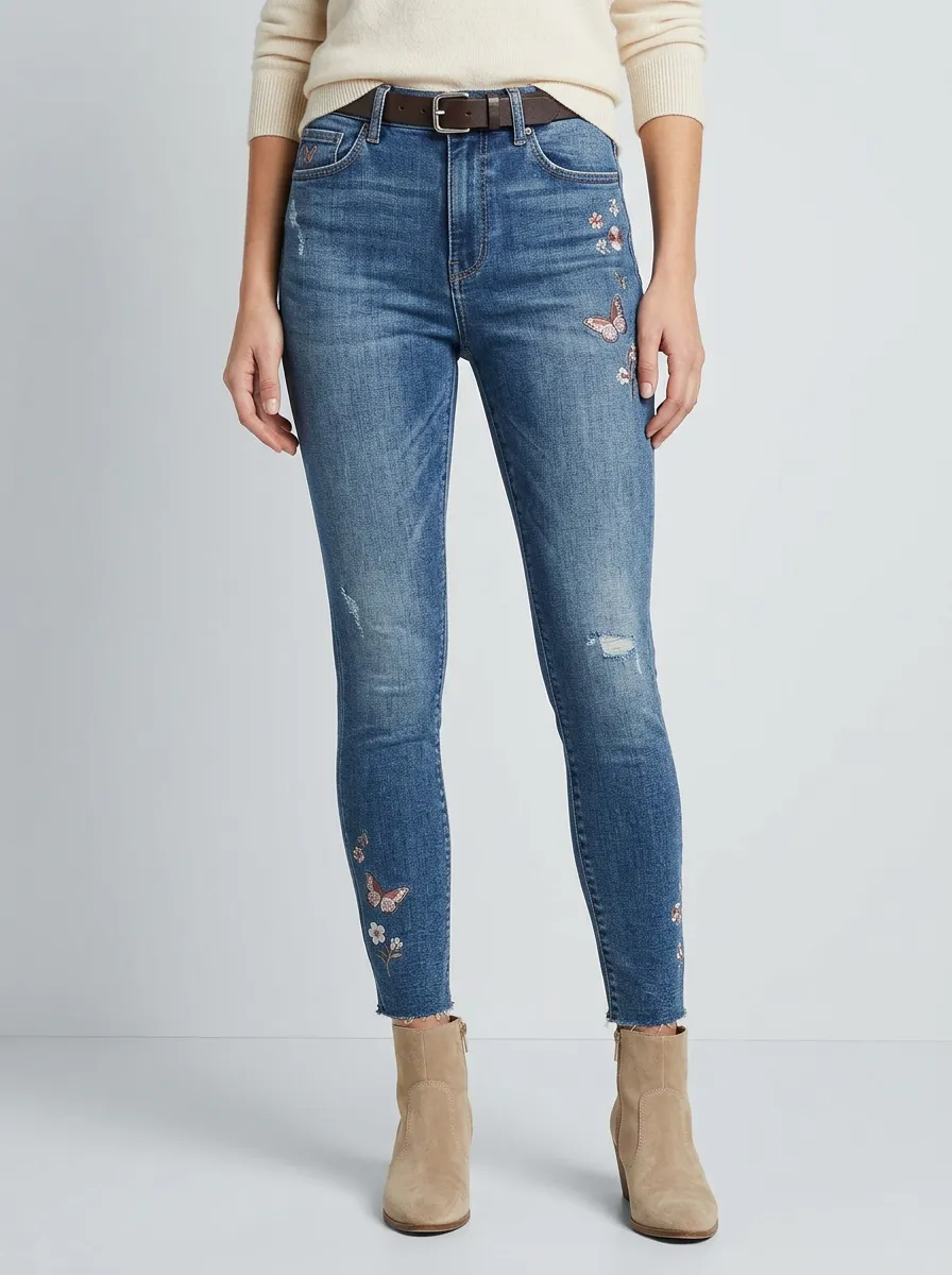 Women's Butterfly Floral Embroidered Distressed Slim Jeans