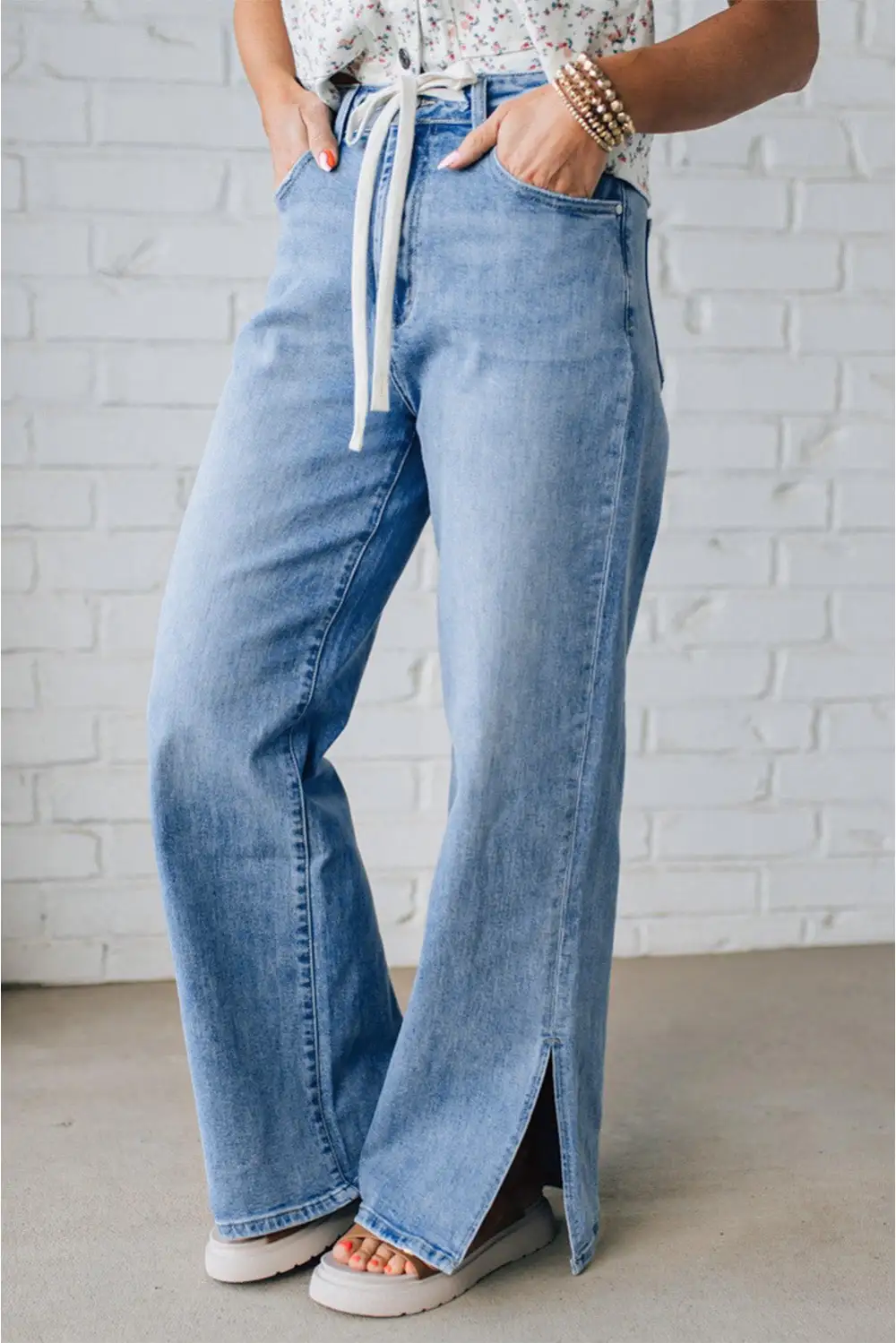 Women's Slit Leg High Rise Drawstring Casual Jeans