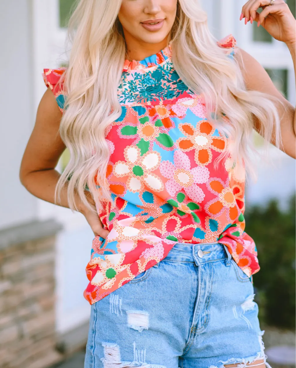 Ruffle-Trim Embroidered Floral-Print Tank Top