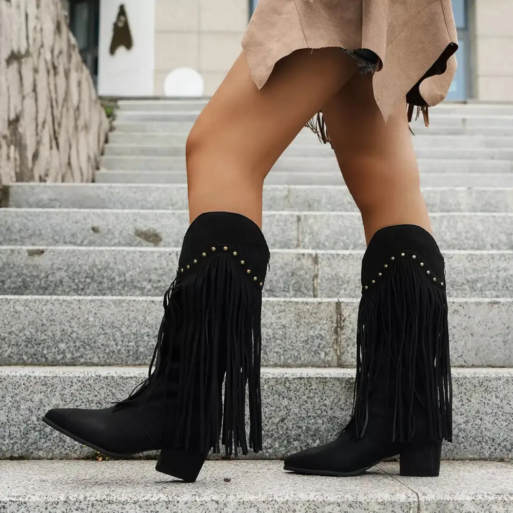 Classic Fringe Point Toe Block Heels Boots