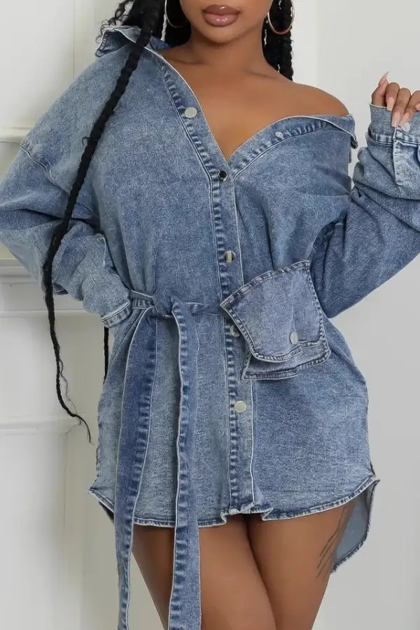 Denim Casual Single-Breasted Belted Mini Dress
