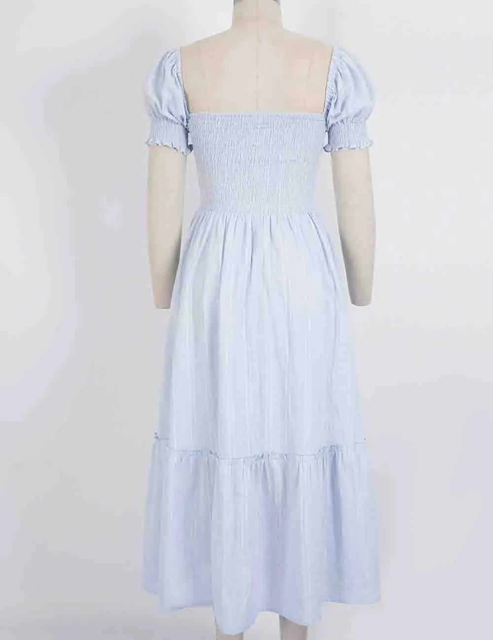 Romantic Dobby Textured Puff Sleeves Smocked Midi Dress