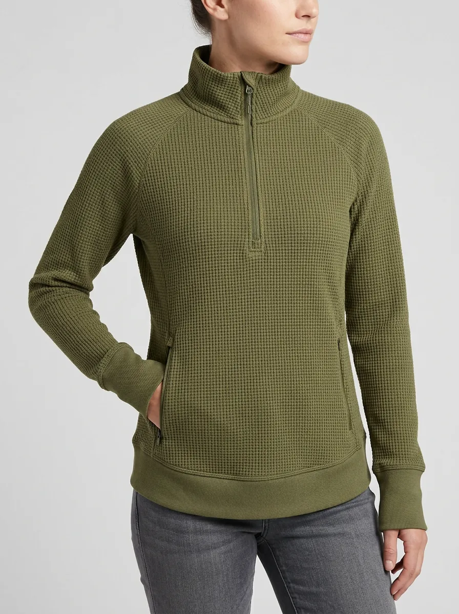 Refined Leisure Waffle Knit Quarter Zip Pullover Top