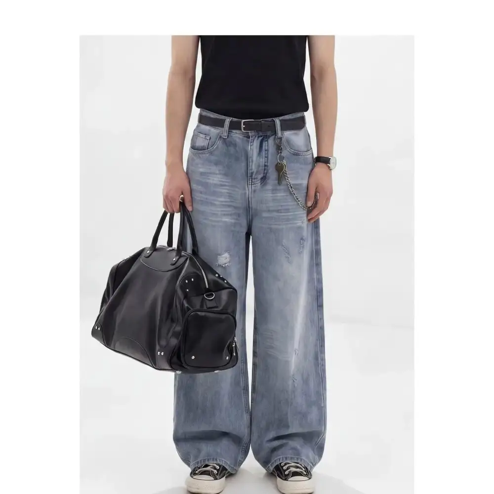 Washed Distressed Wide Leg Jeans