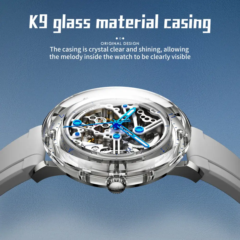 Sollen SL320 Men's Full Skeleton Automatic Mechanical Watch - 42mm K9 Glass Case Sandblasted Open Dial Fluororubber Strap Wristwatch