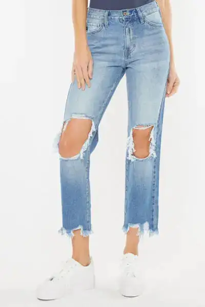 High-Waist Relaxed Frayed Distressed Straight Leg Jeans