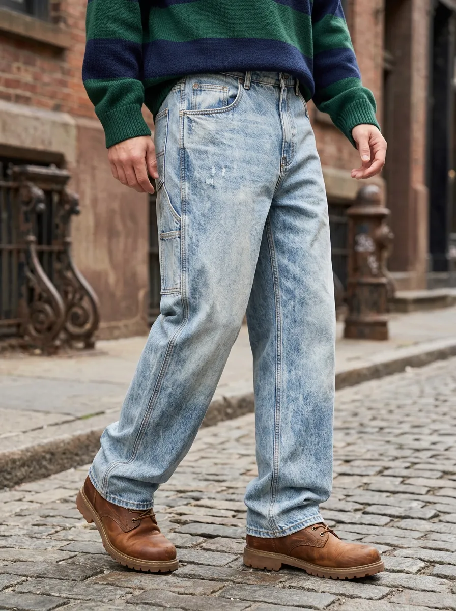 Men's Vintage Style Acid Wash Distressed Denim Jeans