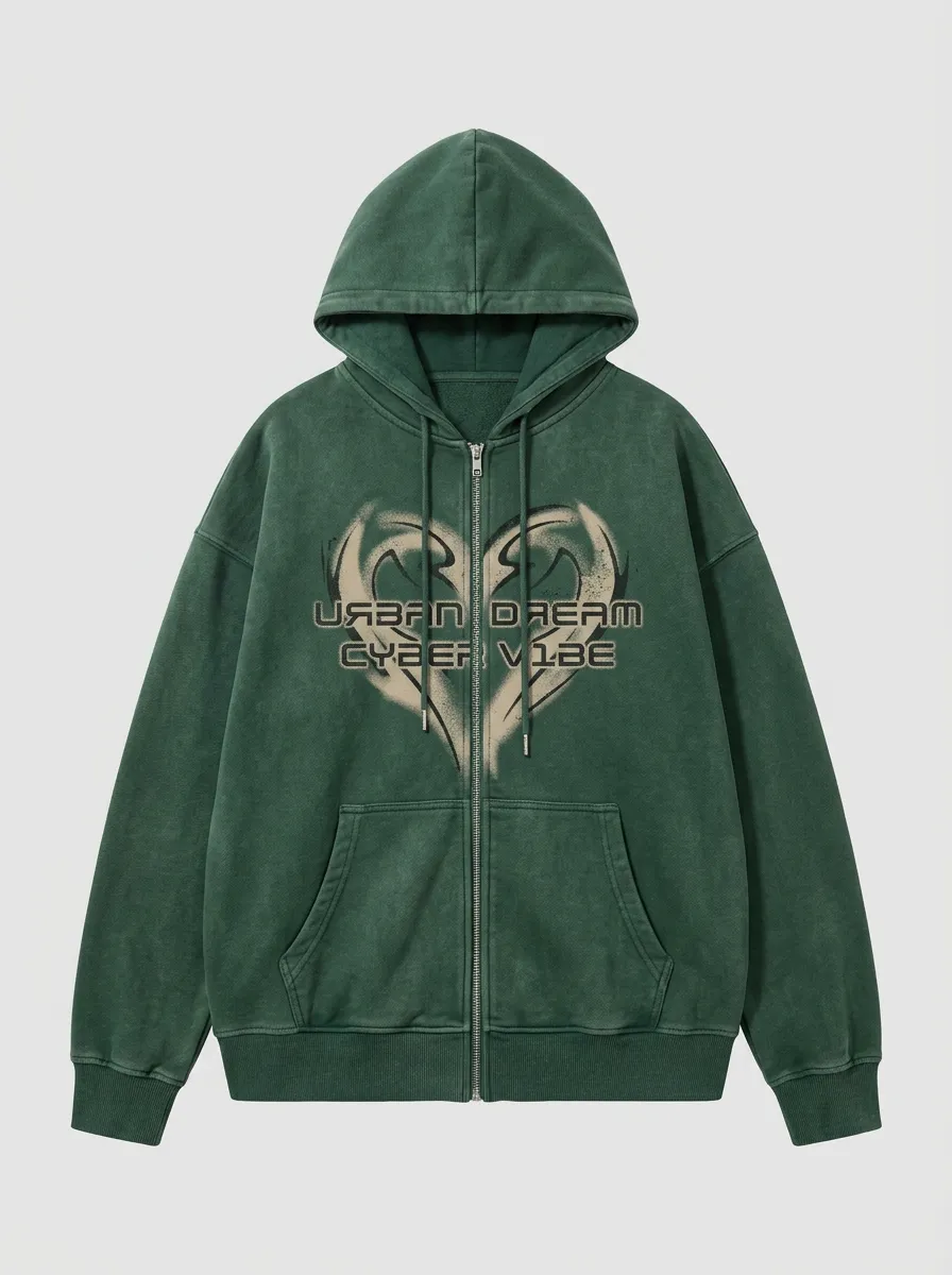 Unisex Streetwear Urban Dream Heart Cyber Vibe Printed Zip-up Hoodie